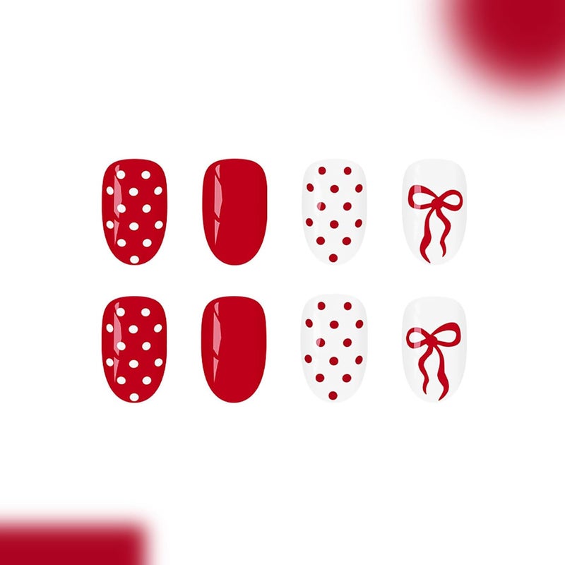 ASABITE 24Pcs Short Almond Press on Nails Cute Bow Polka Dot Press on Nails Valentines Fake Nails with Glue Red French Tip Valentine’s Day Nails Red White Full Cover Glue on Nail Bow Stick on Nail for Women - Image 4